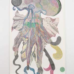 The wrathfull hand of (tongue, horn, hoof, tentacle, tail), 2020. Lápiz, lapices de colores, guash, lápiz de plata y ceras sobre papel. 242 x 153 cm. JH-0045