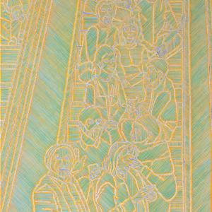 Dióxido de Titanio, Benzimidazolone, Anthraquinone orgánico sintético, Oxido de Cobalto-Niquel-Titanio (Metro en Kiev), 2024. Óleo sobre lino. 200 x 116 cm. SS-0114