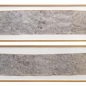 UNTITLED (diptych), 2017. Corrector blanco, crayón y lápiz sobre papel encontrado. 47 x 379 cm c/u. HA-0006