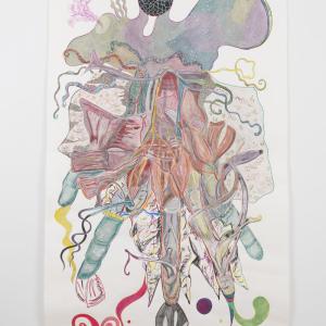 “The wrathfull hand of (tongue, horn, hoof, tentacle, tail) #2”, 2021. Lápiz, lapices de colores, guash, lápiz de plata y ceras sobre papel. 242 x 153 cm / 257 x 169 cm enmarcado. JH-0047