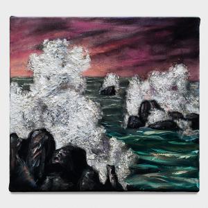 Ola rompiendo, 2025.&nbsp;&Oacute;leo sobre terciopelo. 46 x 50 cm. JD-0004