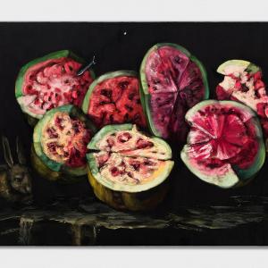 Sand&iacute;as y conejo II, 2025.&nbsp;&Oacute;leo sobre terciopelo. 73 x 100 cm. JD-0014