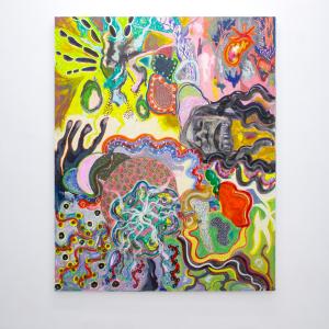 Schrunken head, 2024.&nbsp;T&eacute;cnica mixta sobre lienzo. 162 x 130cm. JH-0153