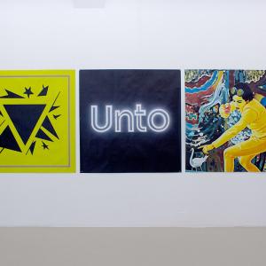 Salto imaginario, 2025 / Unto, 2025 / Espérame en el suelo, 2025. Impresión sobe papel Magistra Deluxe Blueback de 120gr/m. 140 x 140 cm c/u. Edición de 3