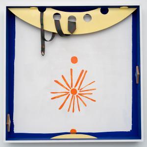 Diego Delas & Julius Heinemann. Mediodía, 2021. Técnica mixta sobre tabla y objetos. 117 x 117 x 20 cm. DH - 0004